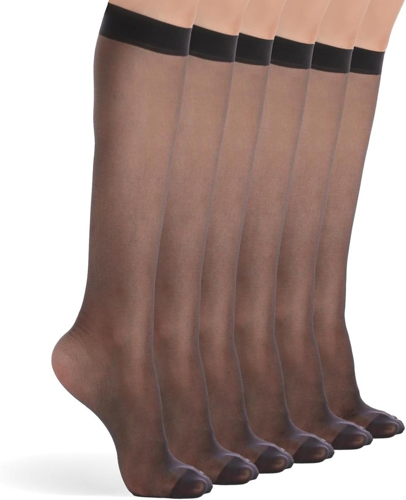 FeinYee 6 Pairs Knee High Stockings for Women, Elastic Fine Sheer Socks with Reinforced Toes 20 Denier Nylon One Size - Image 1